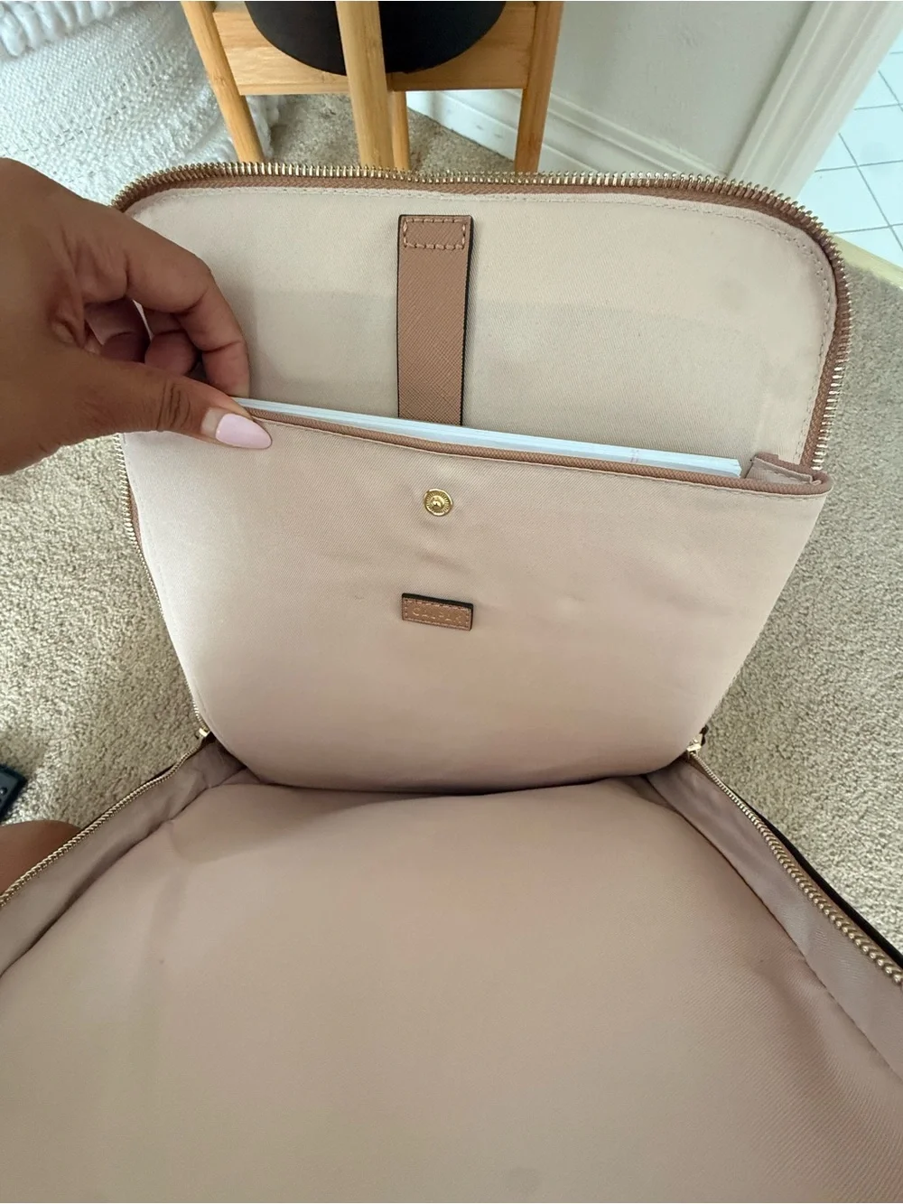Calpak Rose Tan Backpack with Whipstitch Trim